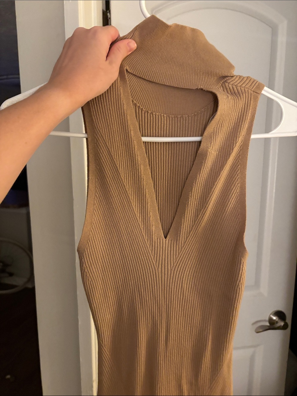 Sleeveless High-Neck Ribbed Maxi Dress in Camel - Picture 3 of 3